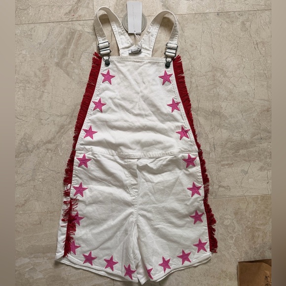 Stella Mccartney Kids Size 14 White Overalls with Pink Star Accents and Fringe - Picture 2 of 5